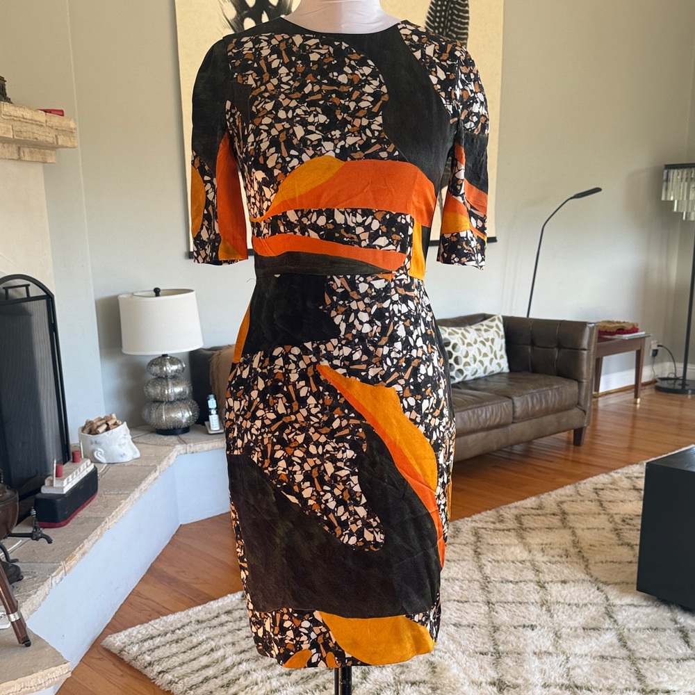 ACNE STUDIOS Silk Abstract Orange Black White Print Dress